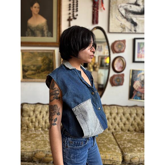 80s Rare Vintage Denim Jacket w Acid Washed Accents Mens Size Small - Picture 3 of 9